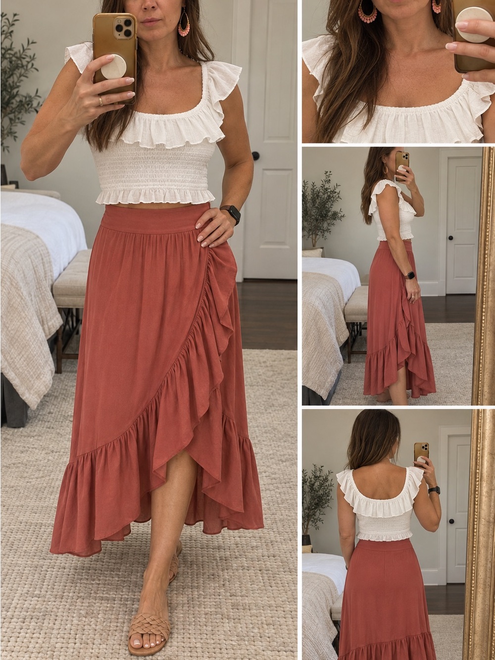 ELLE Terracotta Ruffle Wrap Style Midi Skirt XS Boho Cottagecore Summer